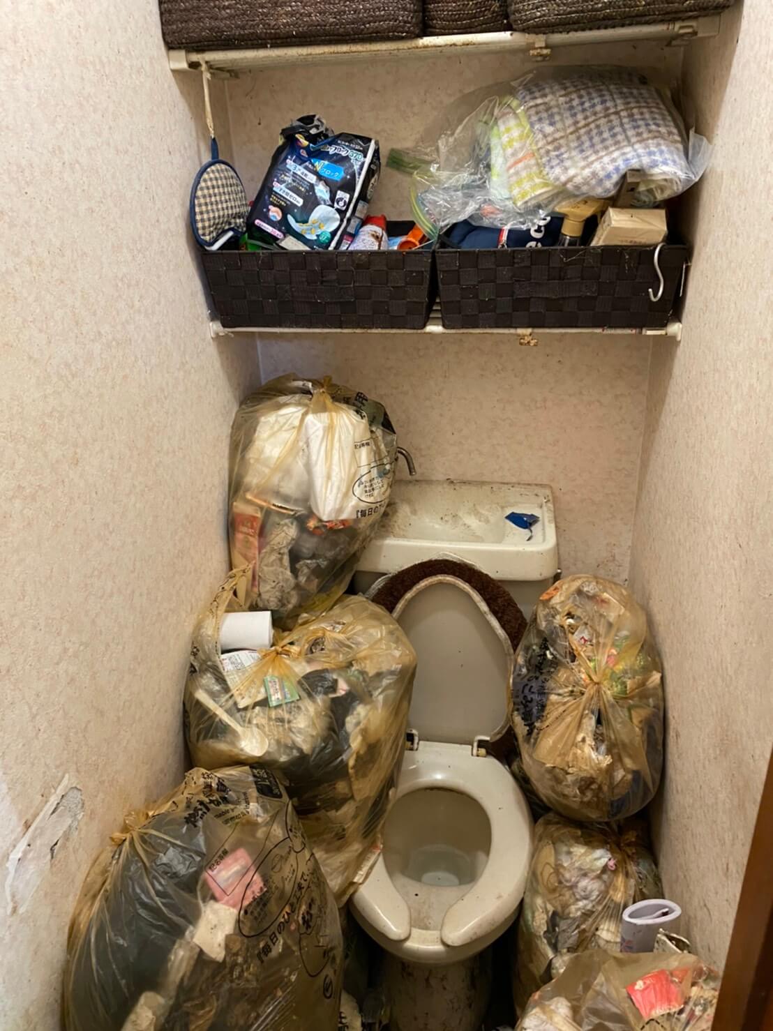 生ゴミ含む可燃ゴミ類1部屋分、トイレ用品などの回収前の状態