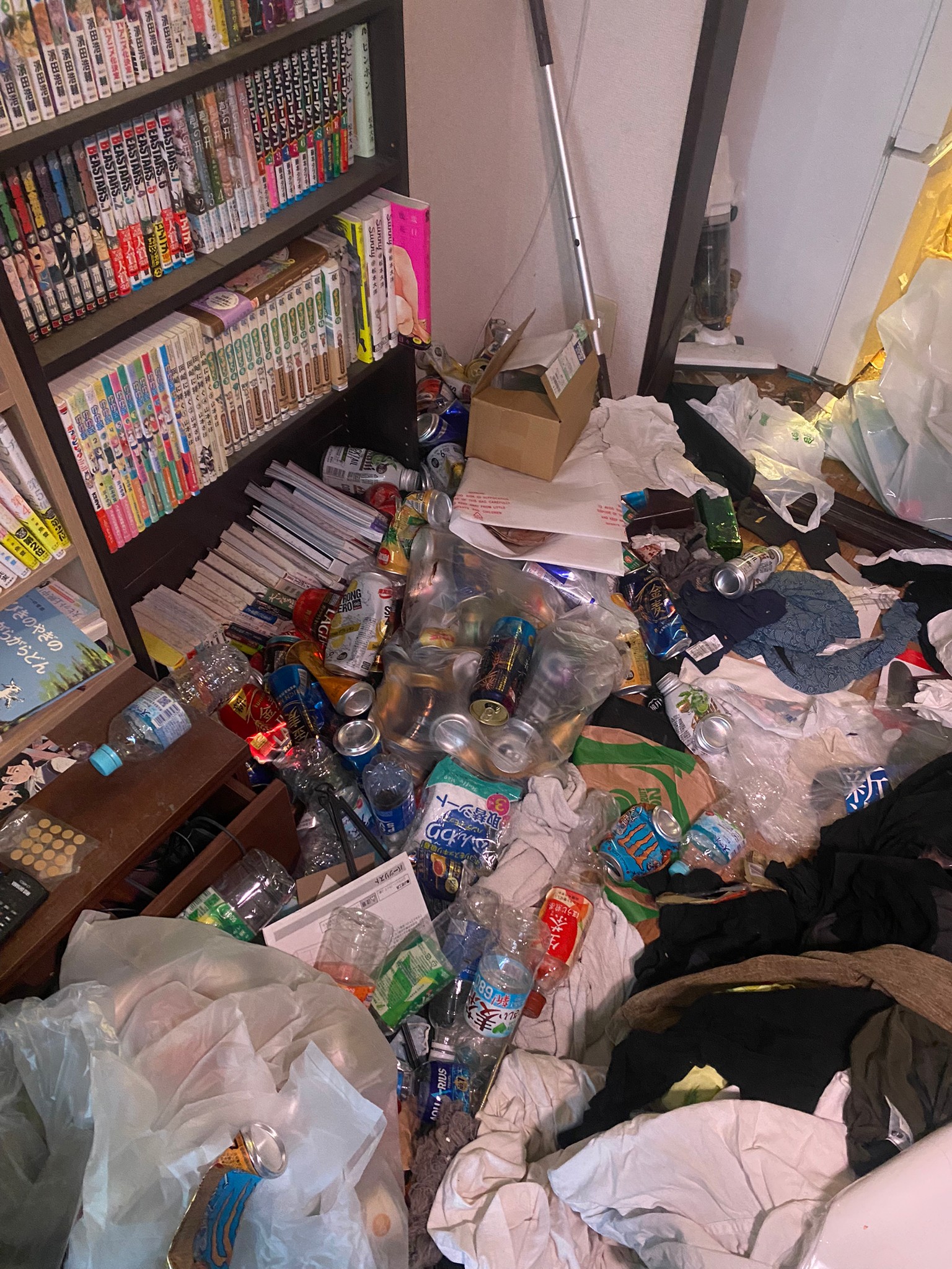 飲料や生ゴミ含むゴミ2部屋分、衣類、家具数点の回収前の状態