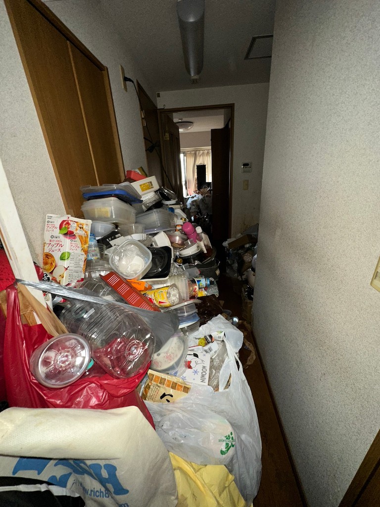 食品含むゴミ類2部屋分、家具数点、衣類などの回収前の状態