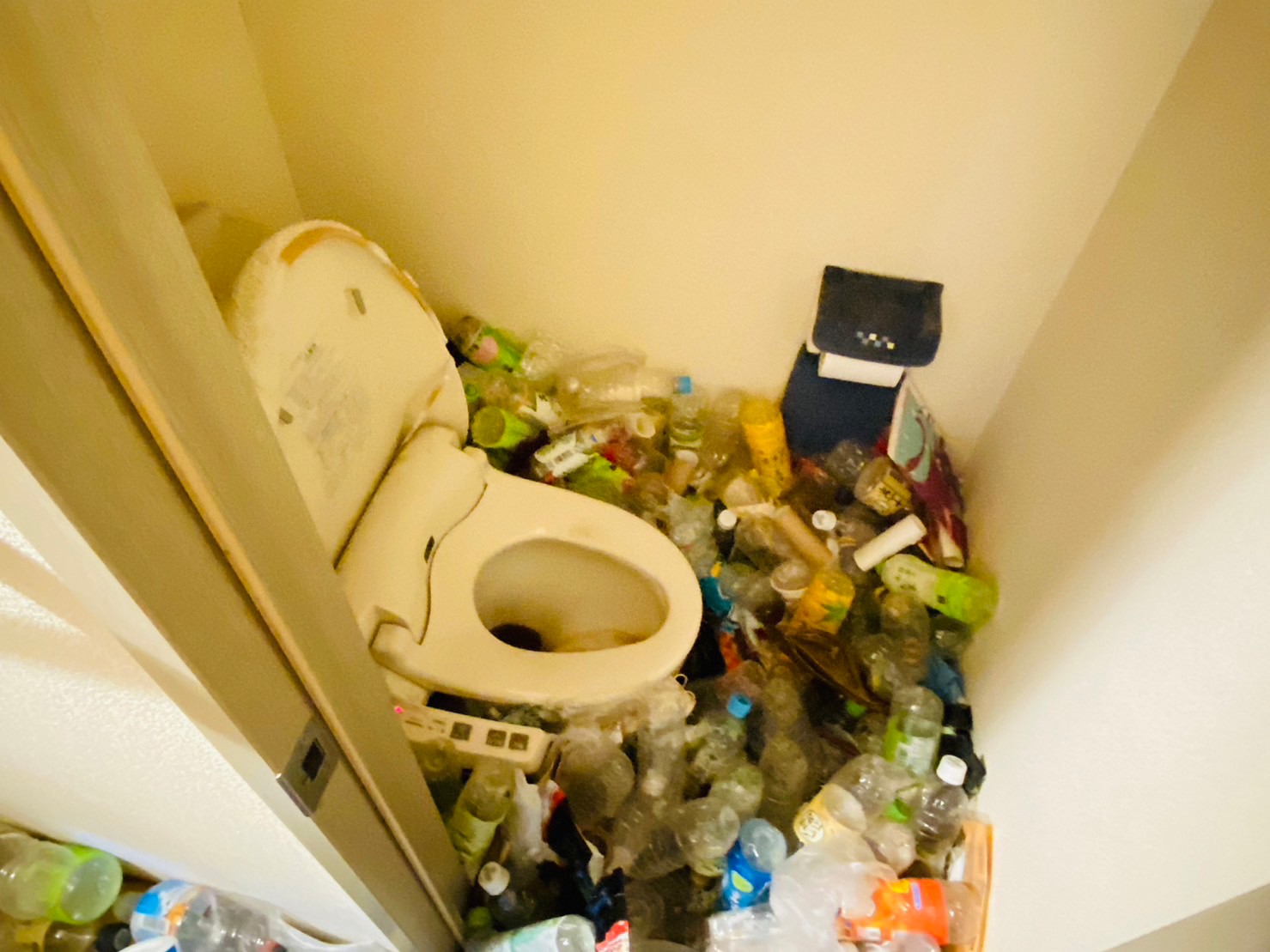 ペットボトル、プラ容器など家庭ゴミ2部屋分の回収前の状態