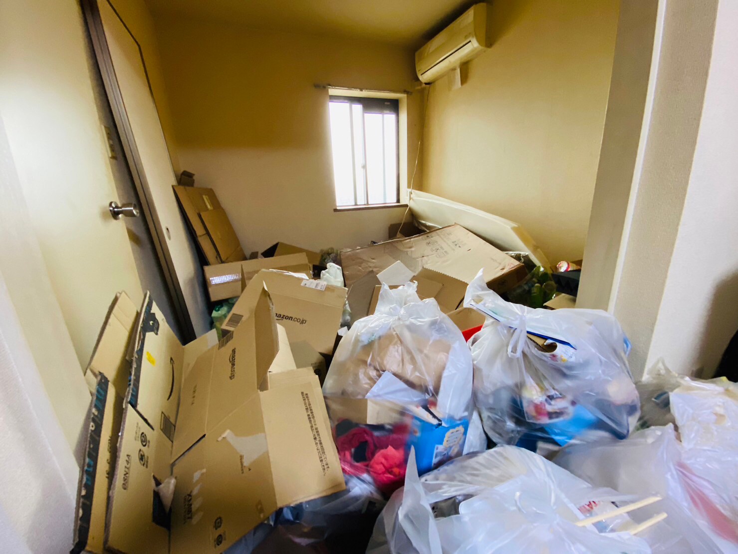 段ボール、液体薬品、衣類、その他家庭ゴミ1部屋分の回収前の状態