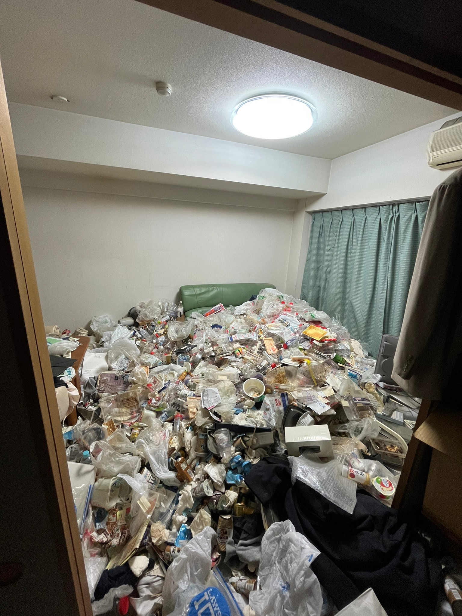 食品含む家庭ゴミ2部屋分、棚、テレビなどの回収前の状態