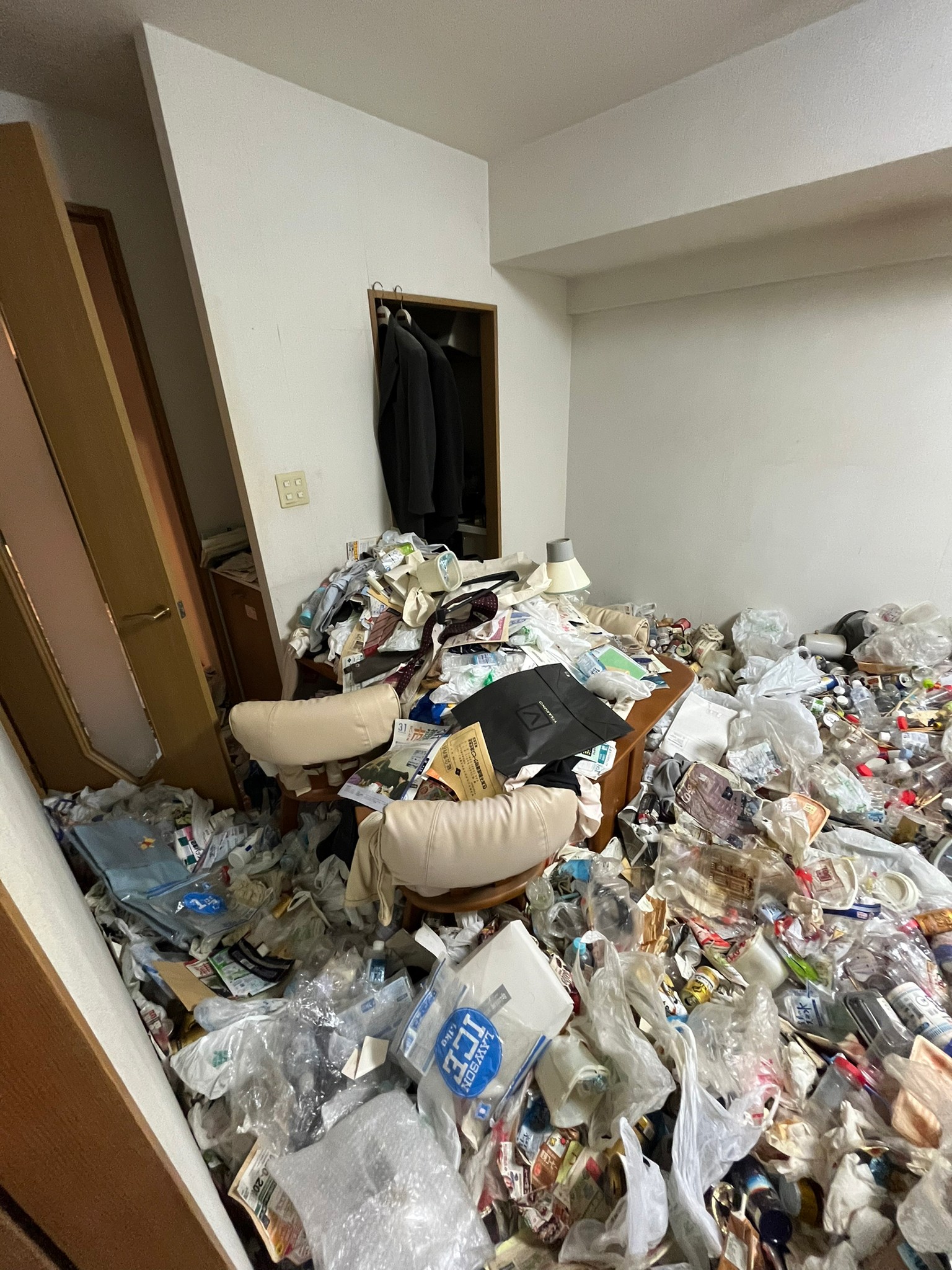 照明、空き缶、食品含む家庭ゴミ2部屋分などの回収前の状態