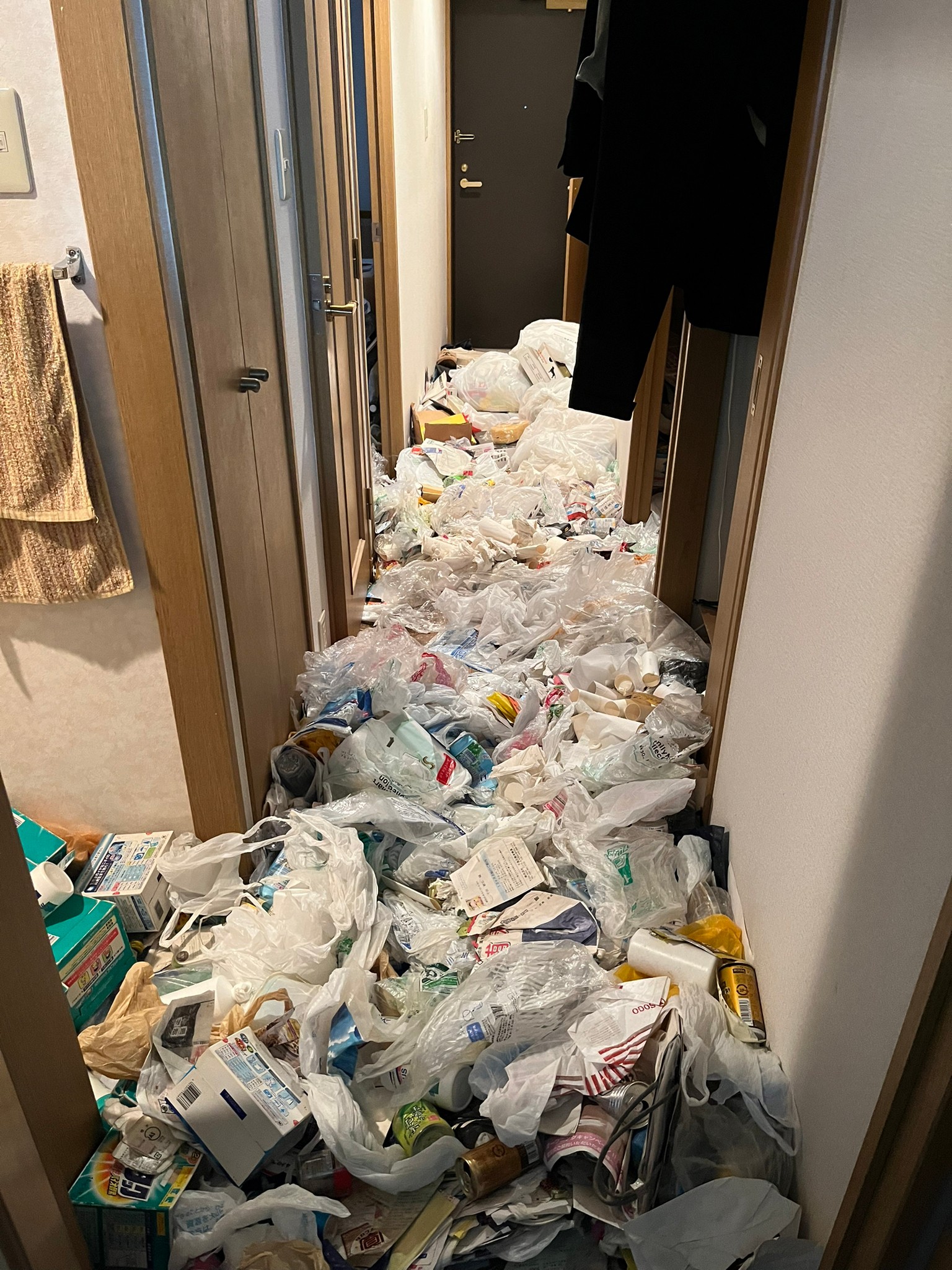 食品含む家庭ゴミ2部屋分、衣類などの回収前の状態