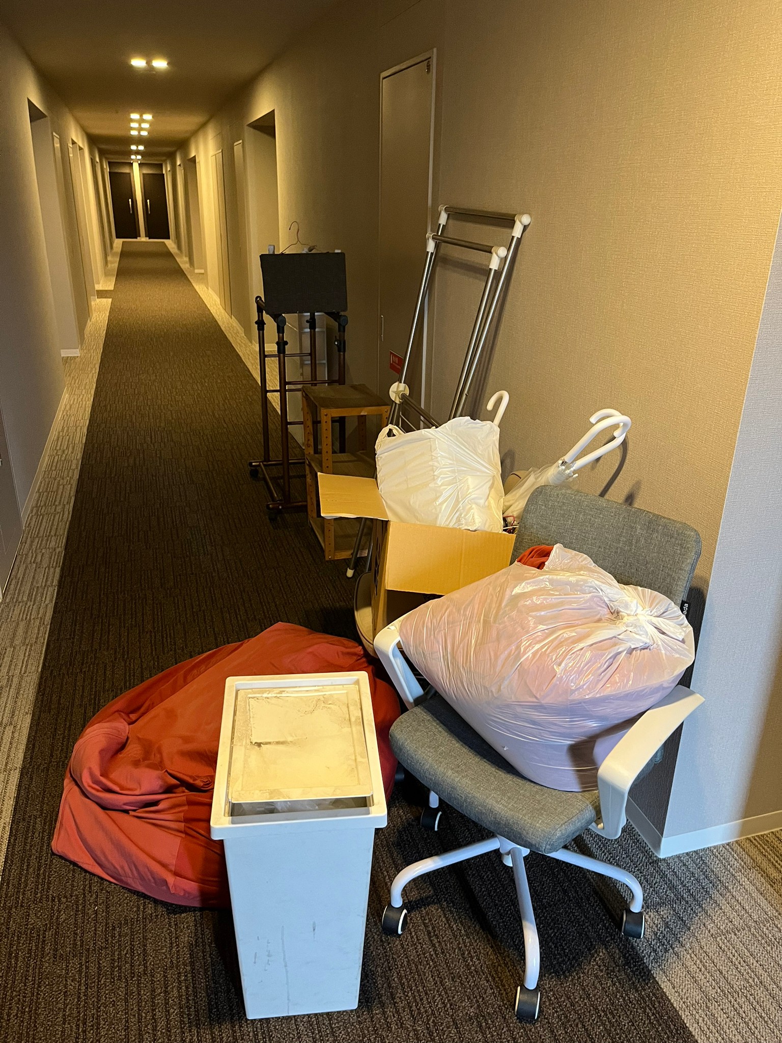 椅子、棚、ゴミ箱、クッション、傘などの回収前の状態