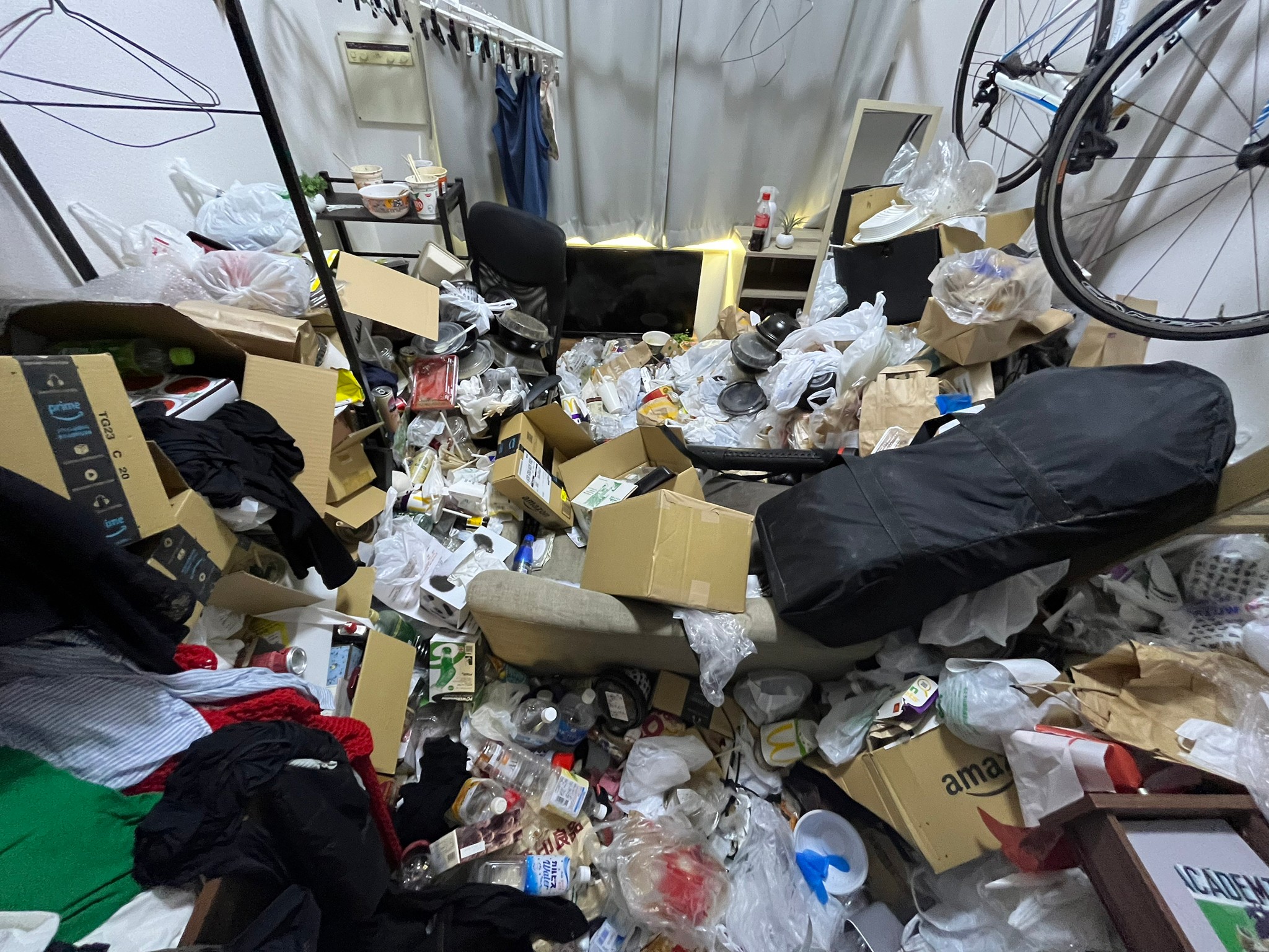 椅子、棚、ハンガーラック、衣類、生活ゴミの回収前の状態